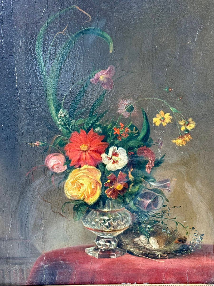 Fleurs dans le goût de l'école Hollandaise, XIXème, Huile sur panneau-photo-4