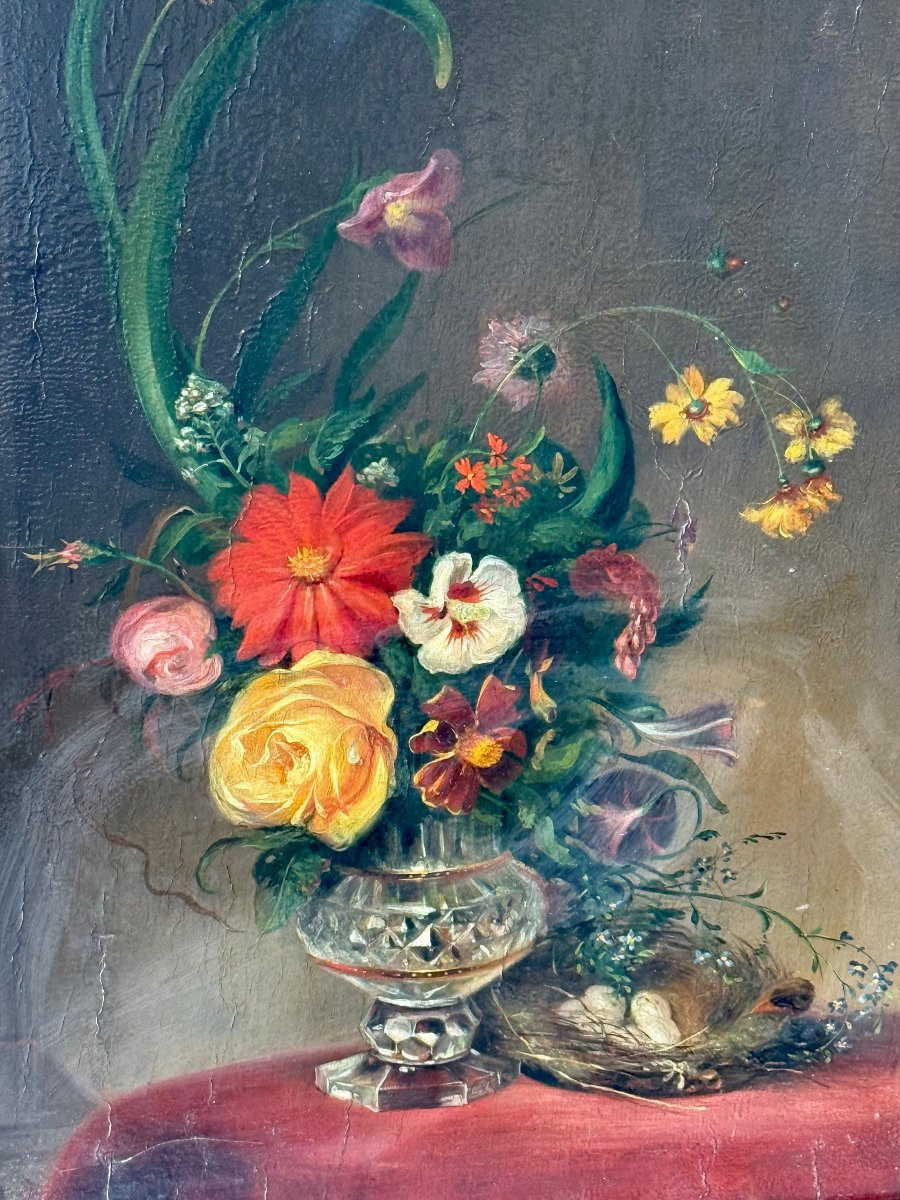 Fleurs dans le goût de l'école Hollandaise, XIXème, Huile sur panneau-photo-1