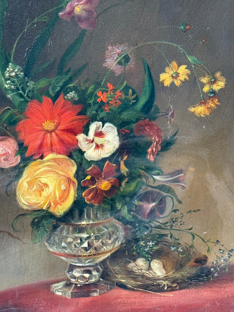 Fleurs dans le goût de l'école Hollandaise, XIXème, Huile sur panneau-photo-2