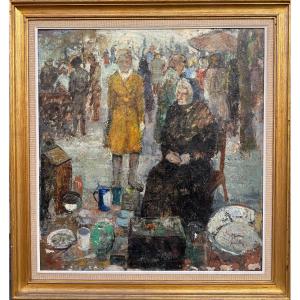 Marché aux puces - Huile sur toile signée Auguste de ROISIN (1889-1980) Impressionnisme