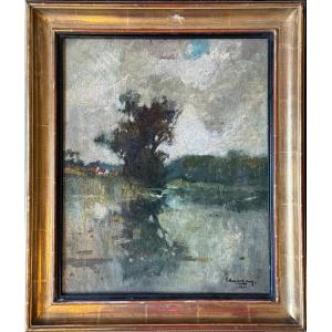 Paysage de rivière arboré (ca 1930-40) - Huile sur panneau de Charles LEBON -IMPRESSIONNISME