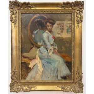 "interior With Elegant Woman" (1906) Oil On Canvas Monogrammed By Albert Pinot Impressionism