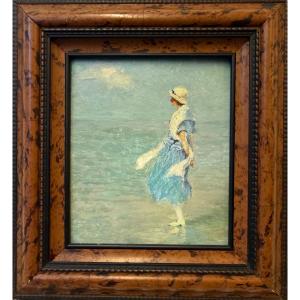Elégante sur la plage de Knokke (1926)-IMPRESSIONNISME-Huile sur carton de Jean GOUWELOOS