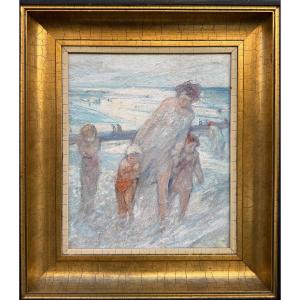 Plage animée . Huile sur toile  signée de Jules van BIESBROECK (1873-1965) - IMPRESSIONNISME