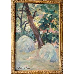 Paysage aux meules de foin, tableau Impressionniste de Emile LECOMTE (1866-1938).