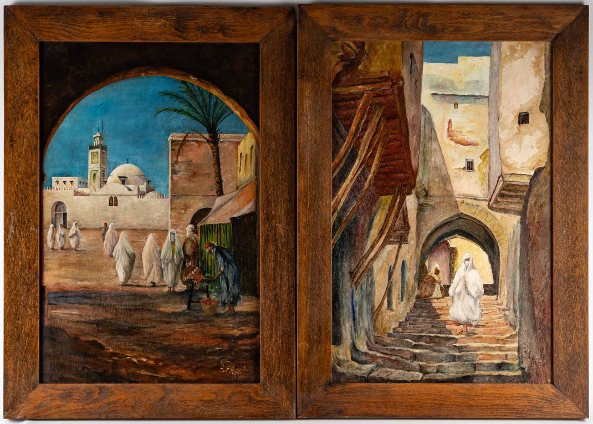 Pair Of Orientalist Paintings Oil On Mahogany Panels XXth Century