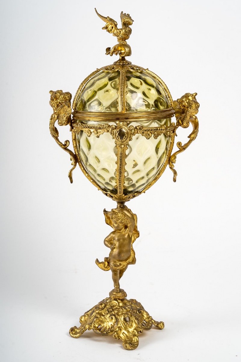 A Cup On Foot In Molded Glass And Gilt Bronze Late Nineteenth Century
