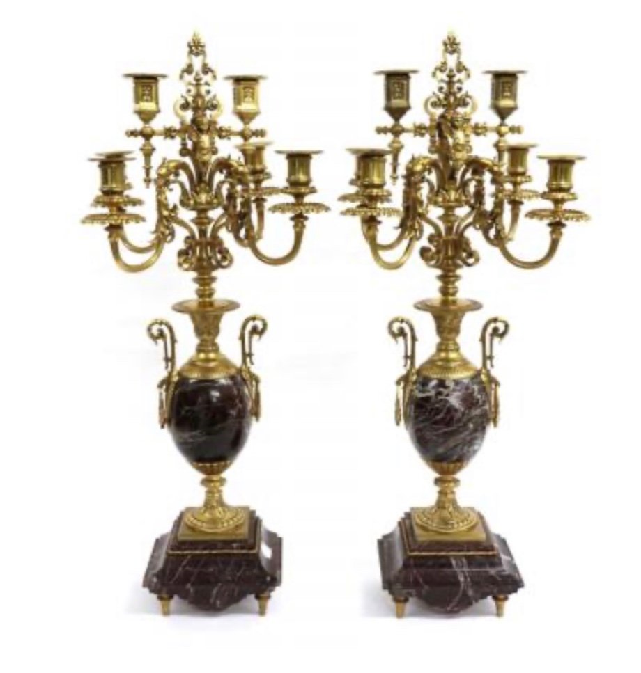 Pair Of Candelabra In Gilt Bronze And Red Marble Late Nineteenth Century
