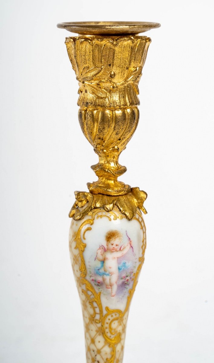 Pair Of Small Miniature Candlestick  In Porcelain And Gilt Bronze 19th Century-photo-4