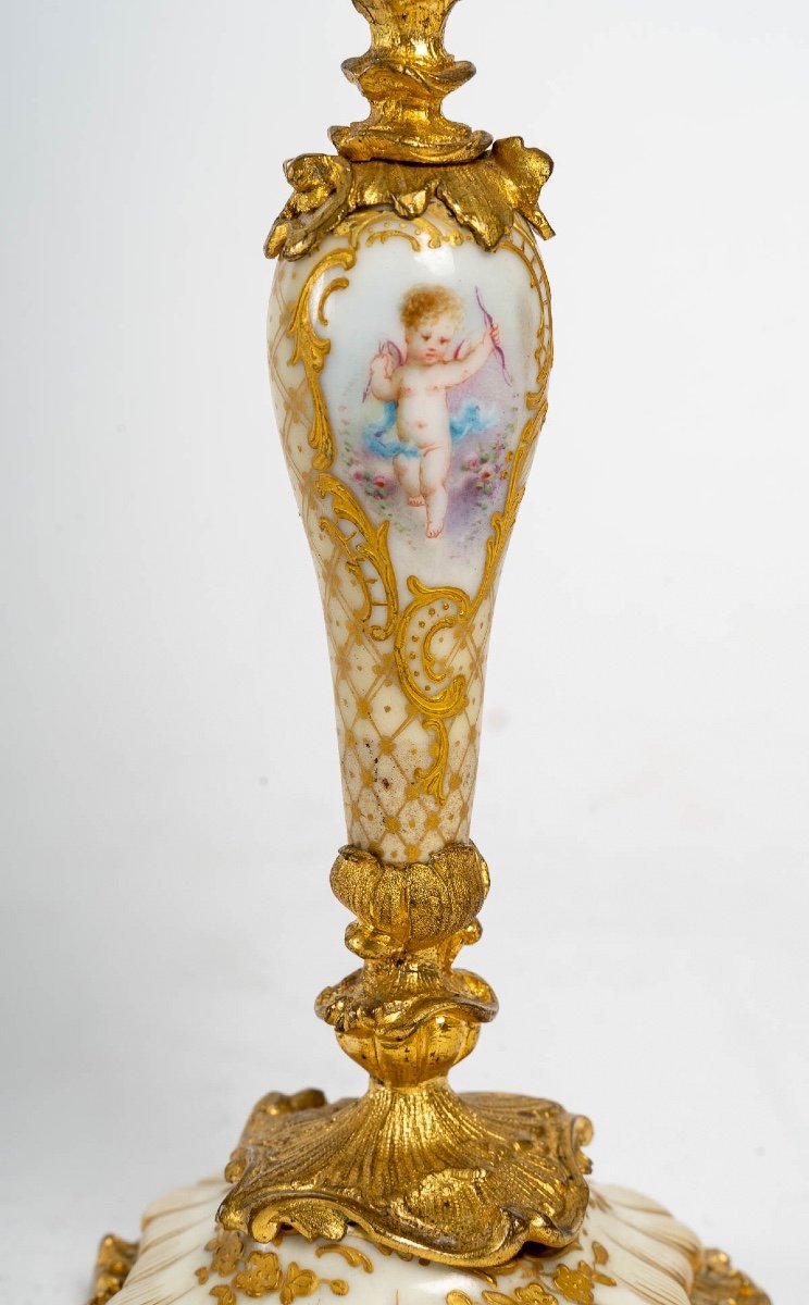 Pair Of Small Miniature Candlestick  In Porcelain And Gilt Bronze 19th Century-photo-2