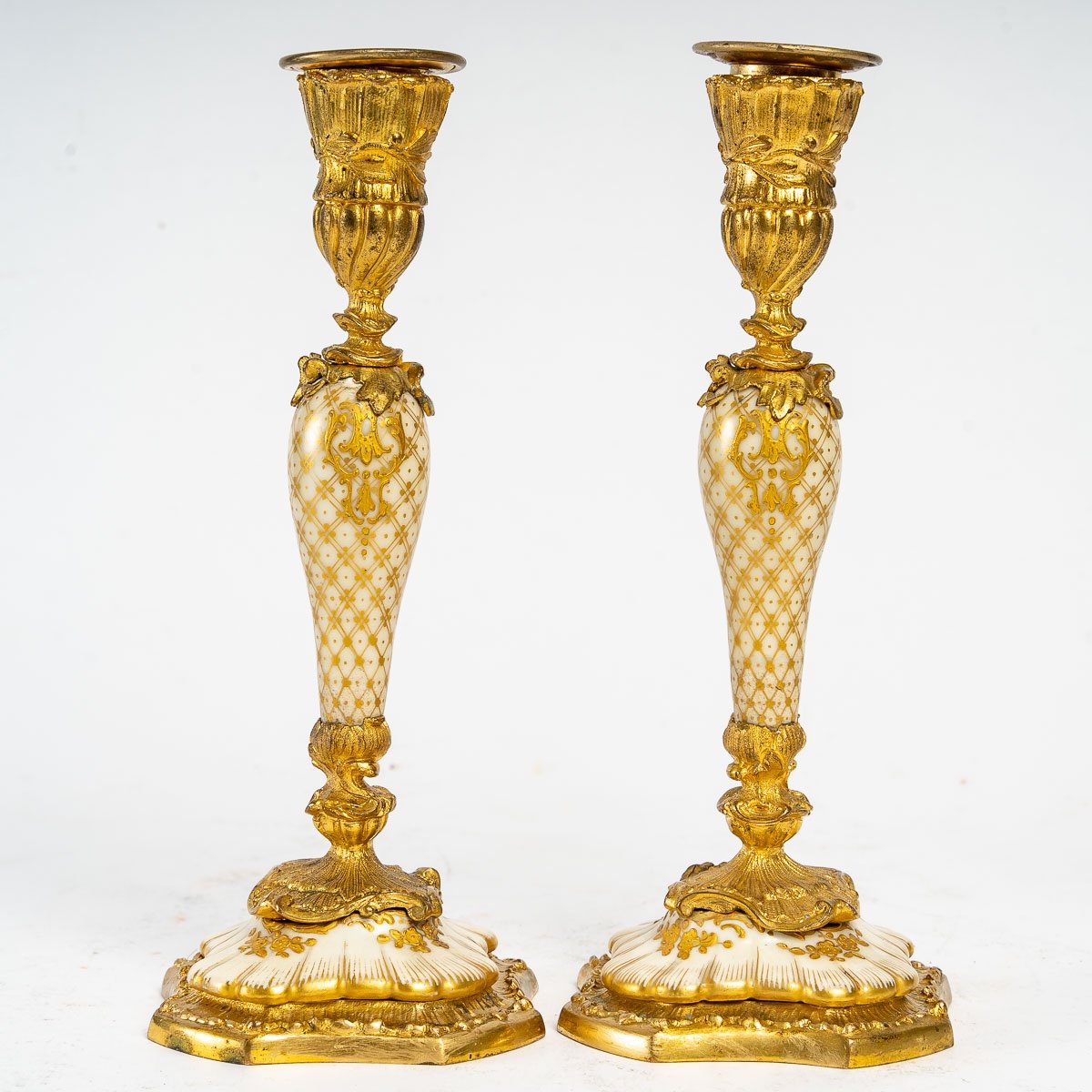 Pair Of Small Miniature Candlestick  In Porcelain And Gilt Bronze 19th Century-photo-7