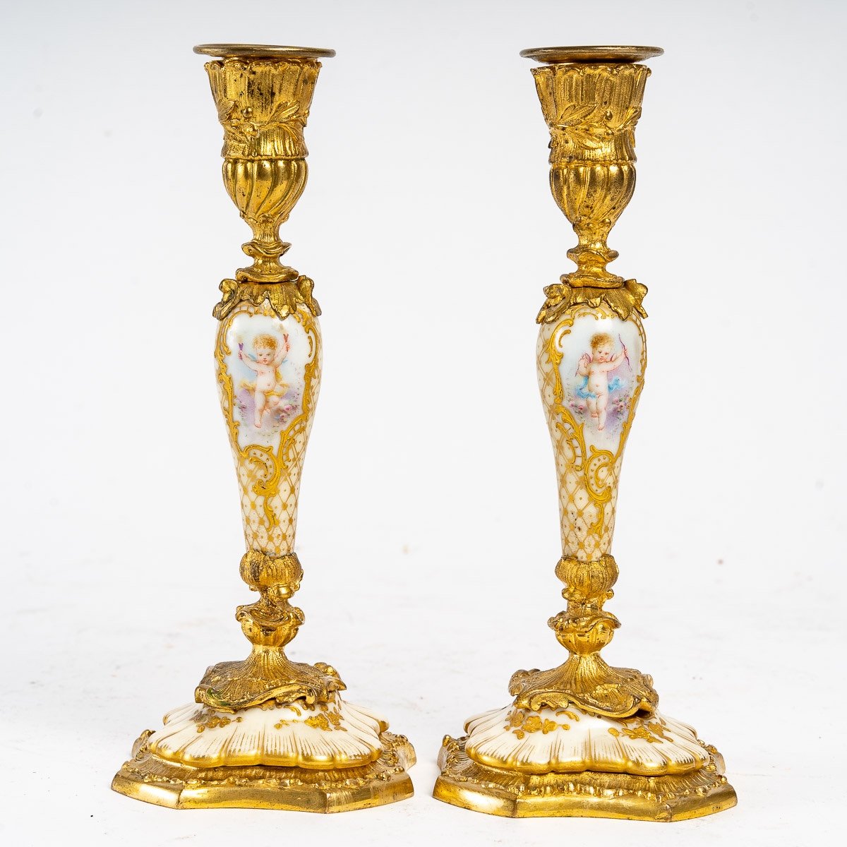 Pair Of Small Miniature Candlestick  In Porcelain And Gilt Bronze 19th Century