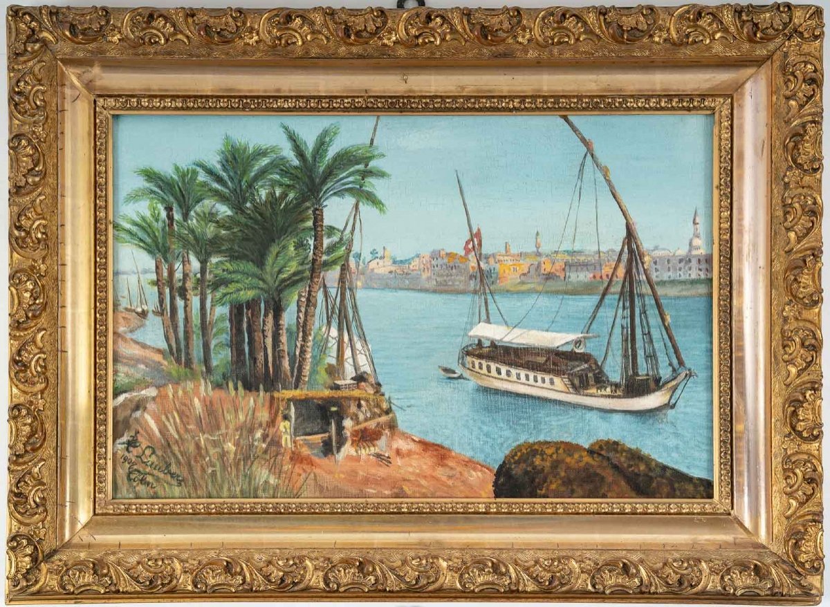 Pair Of Orientaliste Oil Paintings On Canvas With Golden Wood Frames-photo-3