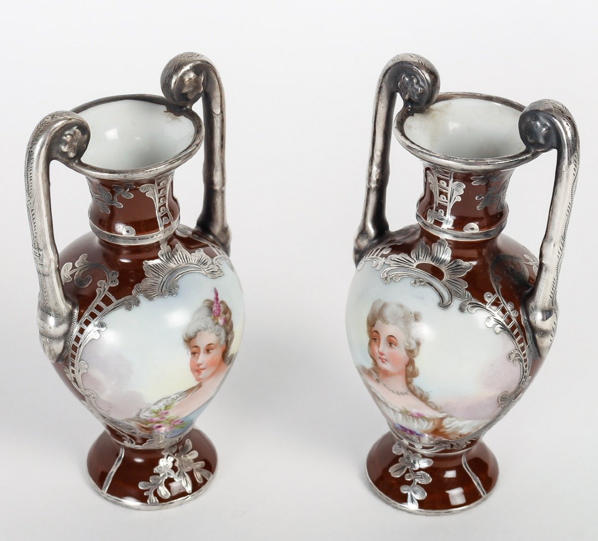 A Pair Of Miniature Porcelain And Silver Vases Late Nineteenth Century-photo-2