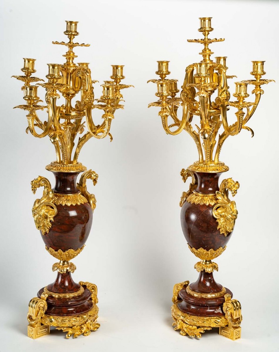 Paire De Girandoles En Marbre Rouge Et Bronze Doré XIXème Siècle -photo-2