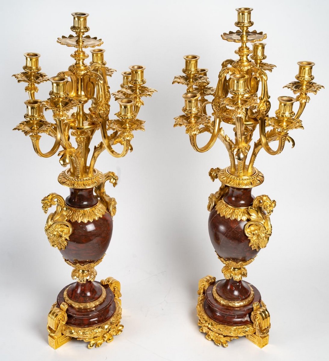 Paire De Girandoles En Marbre Rouge Et Bronze Doré XIXème Siècle -photo-3