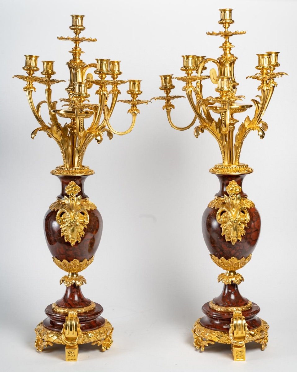 Paire De Girandoles En Marbre Rouge Et Bronze Doré XIXème Siècle -photo-1