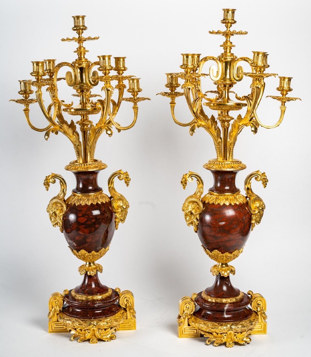 Paire De Girandoles En Marbre Rouge Et Bronze Doré XIXème Siècle -photo-2