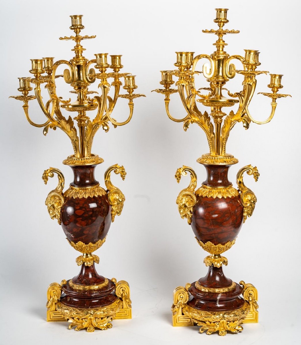 Pair Of Girandoles In Red Marble And Gilt Bronze XIXth Century-photo-2