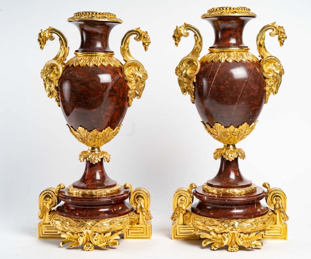 Paire De Girandoles En Marbre Rouge Et Bronze Doré XIXème Siècle -photo-3