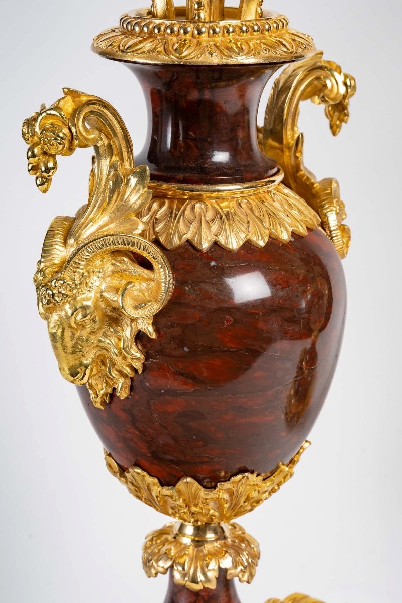 Paire De Girandoles En Marbre Rouge Et Bronze Doré XIXème Siècle -photo-4