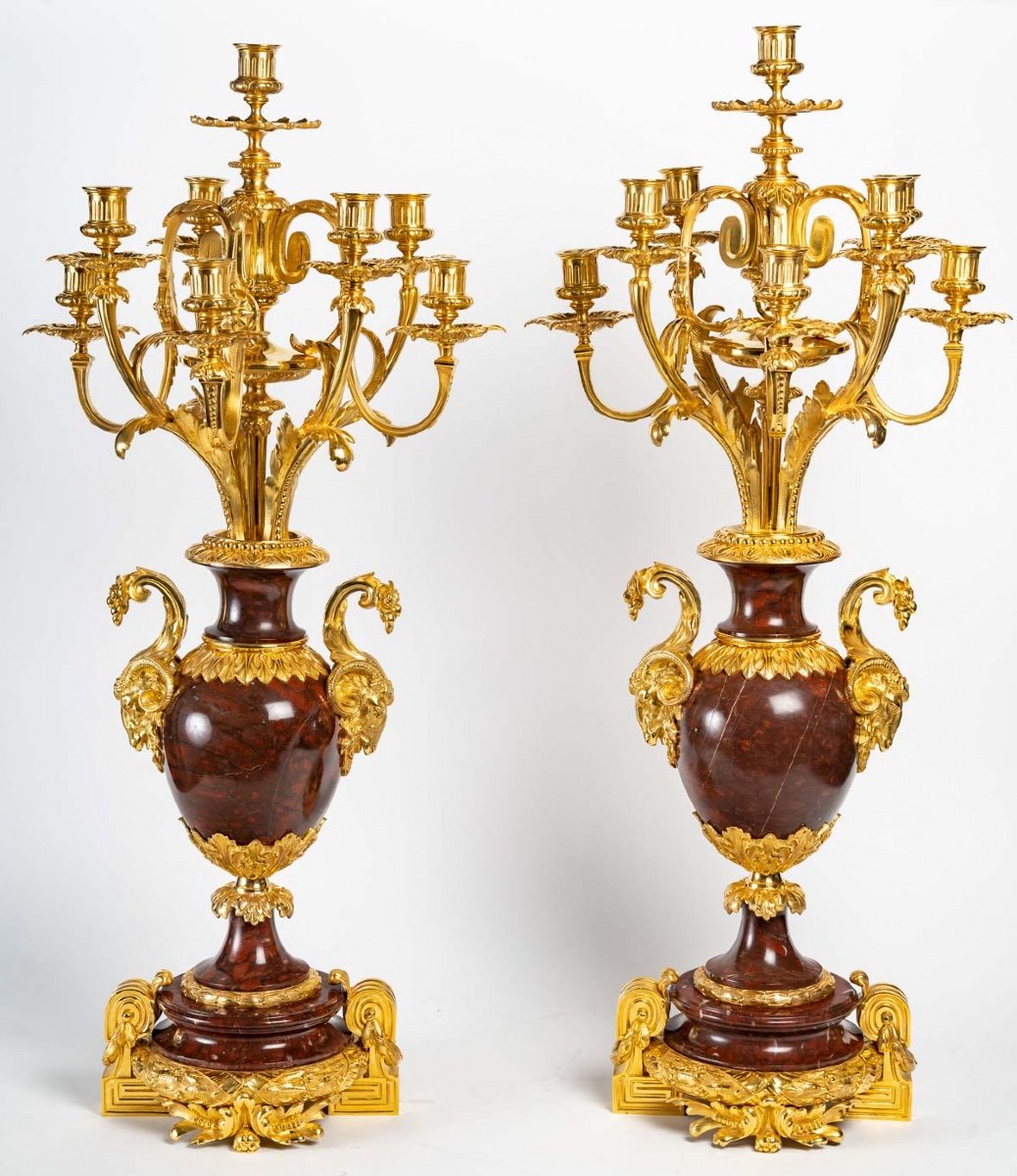 Paire De Girandoles En Marbre Rouge Et Bronze Doré XIXème Siècle 