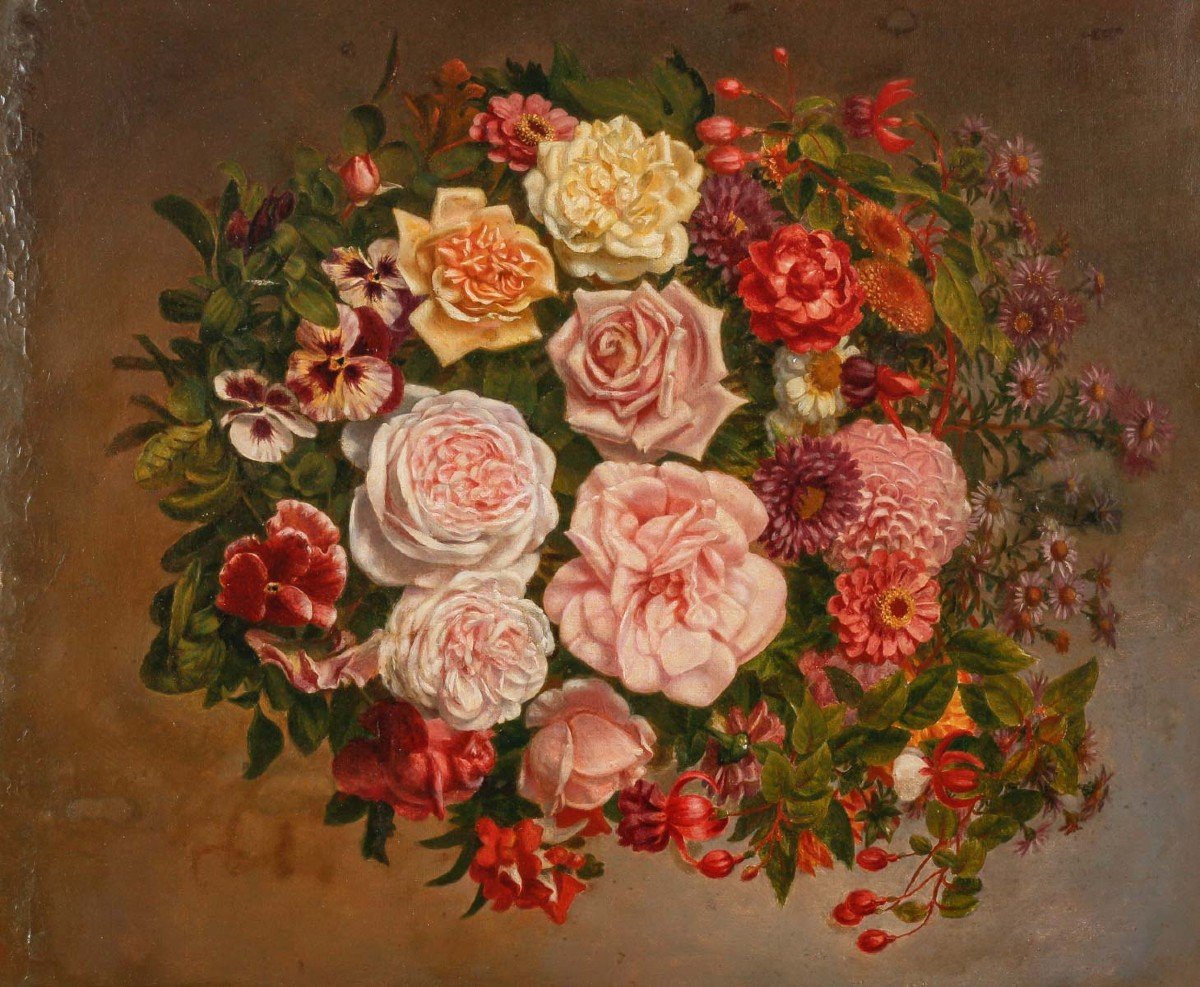 Painting Oil On Canvas Flowers Circa 1880-photo-2