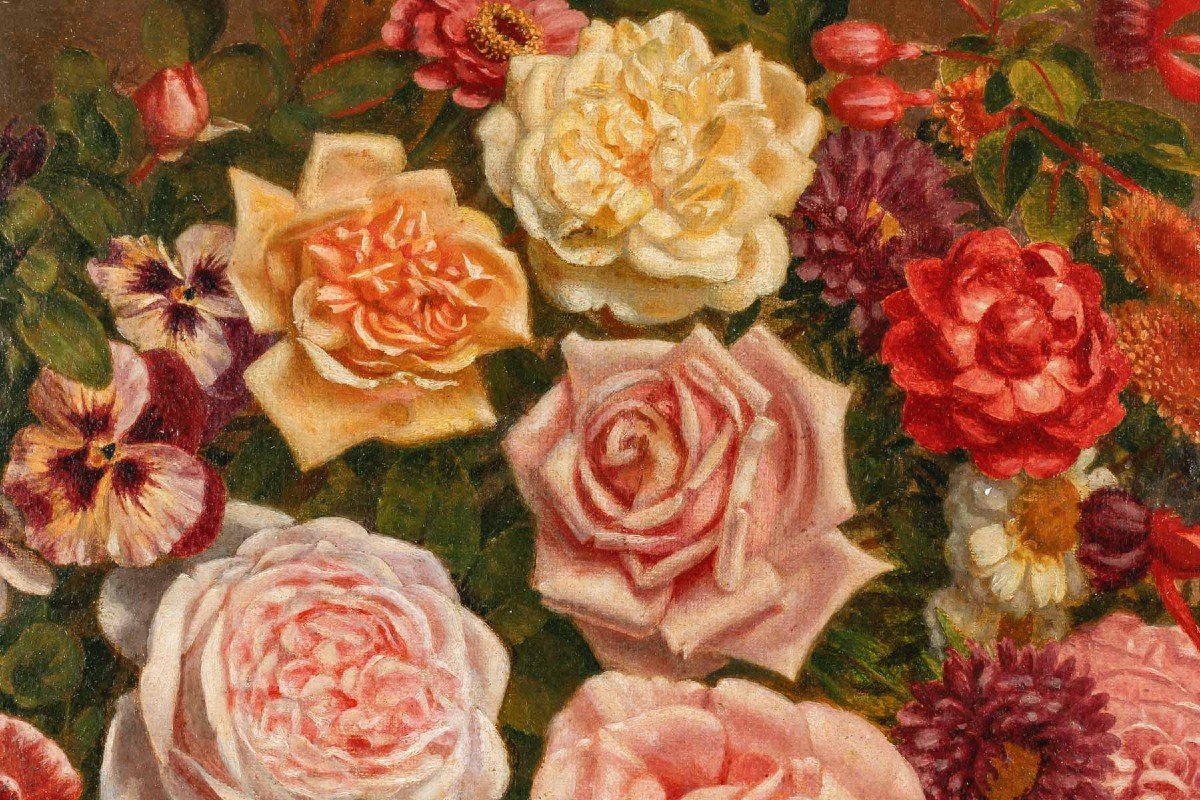 Painting Oil On Canvas Flowers Circa 1880-photo-3