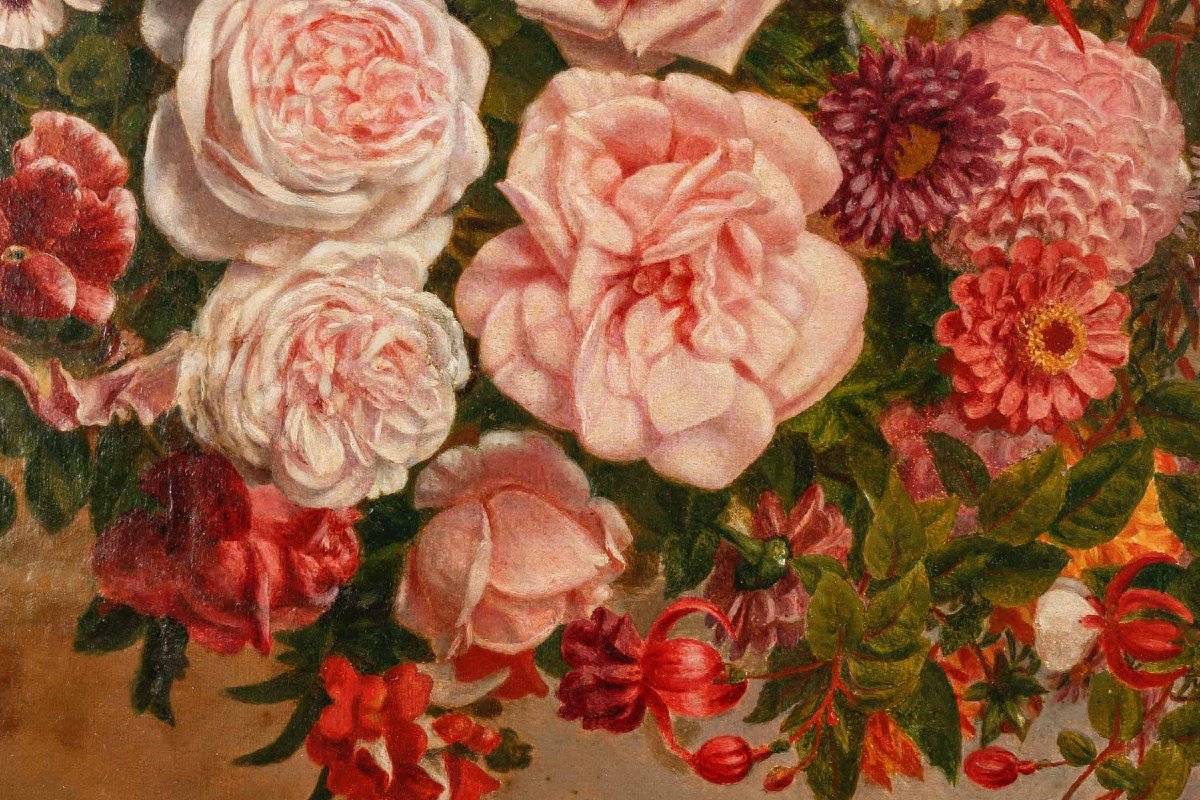 Painting Oil On Canvas Flowers Circa 1880-photo-3