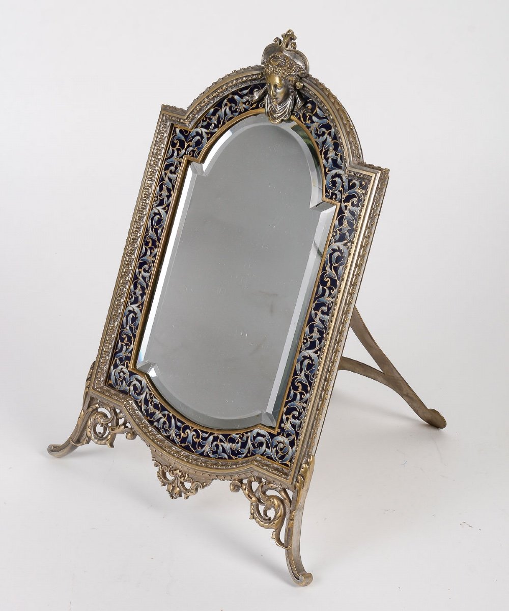 A Table Mirror In Silvered Bronze And Cloisonné Enamel 19th Century -photo-2