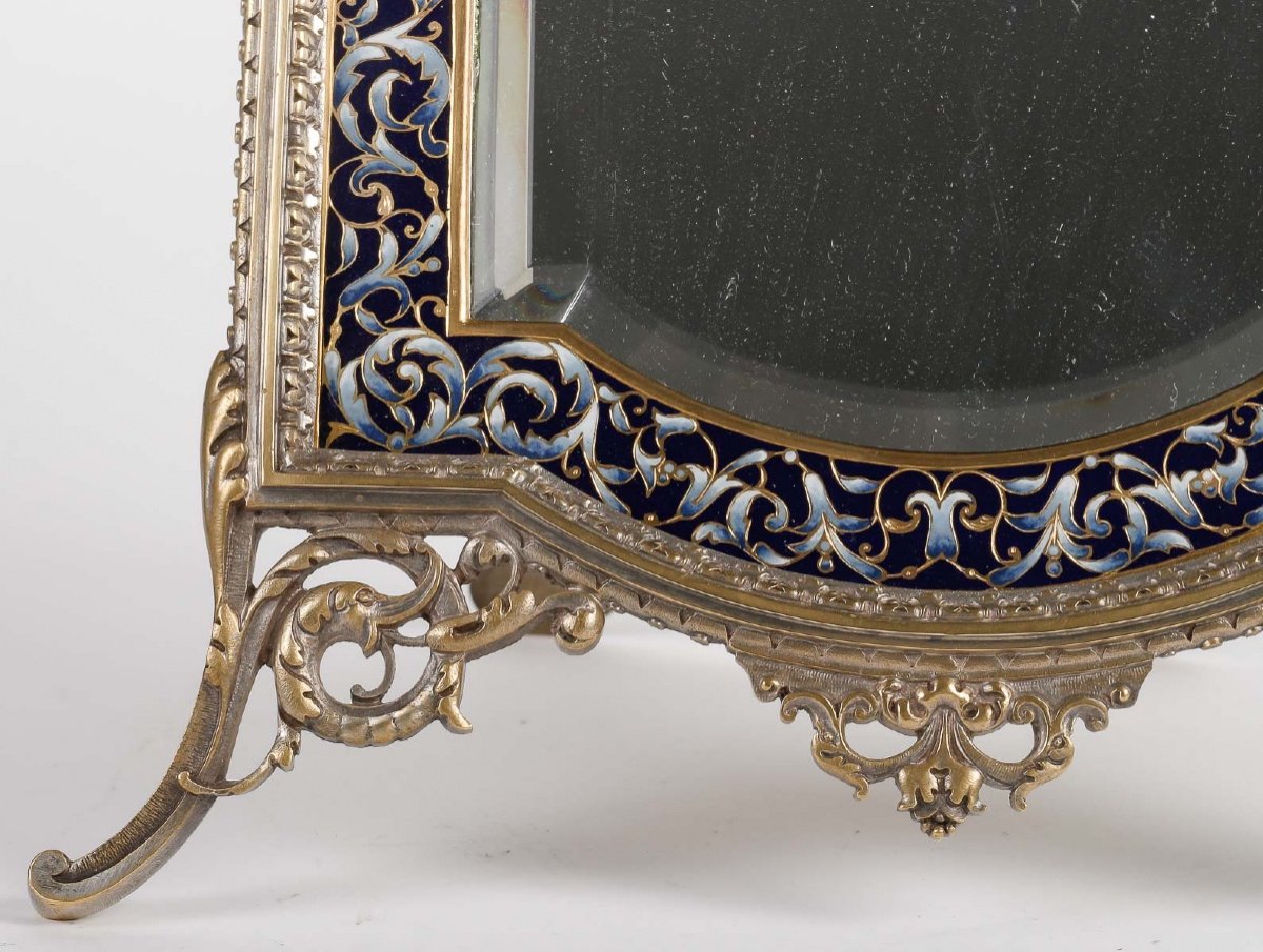 A Table Mirror In Silvered Bronze And Cloisonné Enamel 19th Century -photo-4