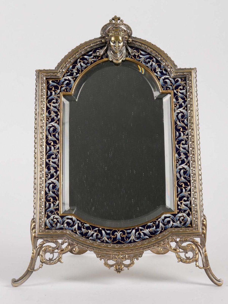 A Table Mirror In Silvered Bronze And Cloisonné Enamel 19th Century 