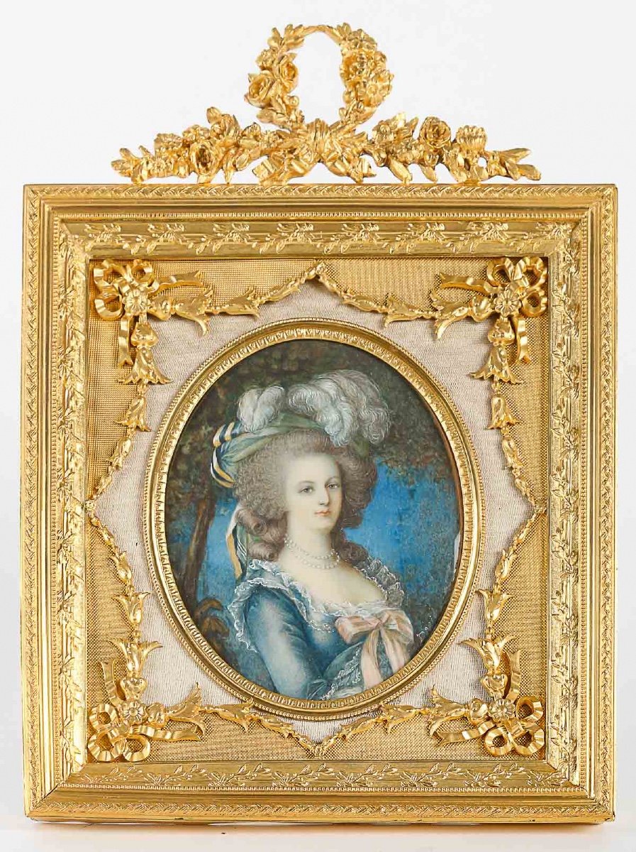 A Painting On Ivory By Marie Antoinette In A 19th Century Gilt Bronze Frame 