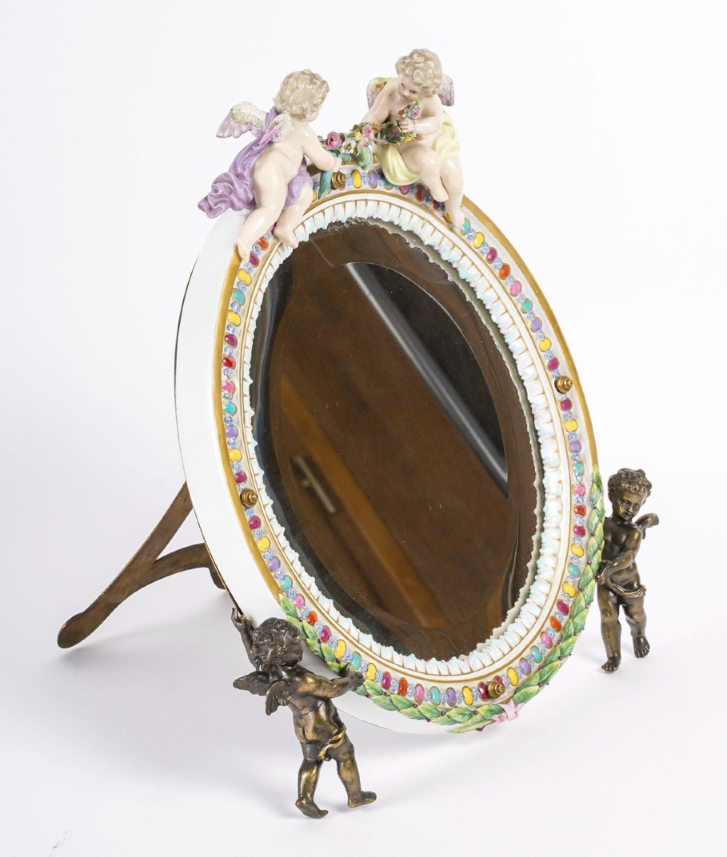 Miroir De Table En Porcelaine de Meissen  Et Bronze Fin XIXème Siècle-photo-2