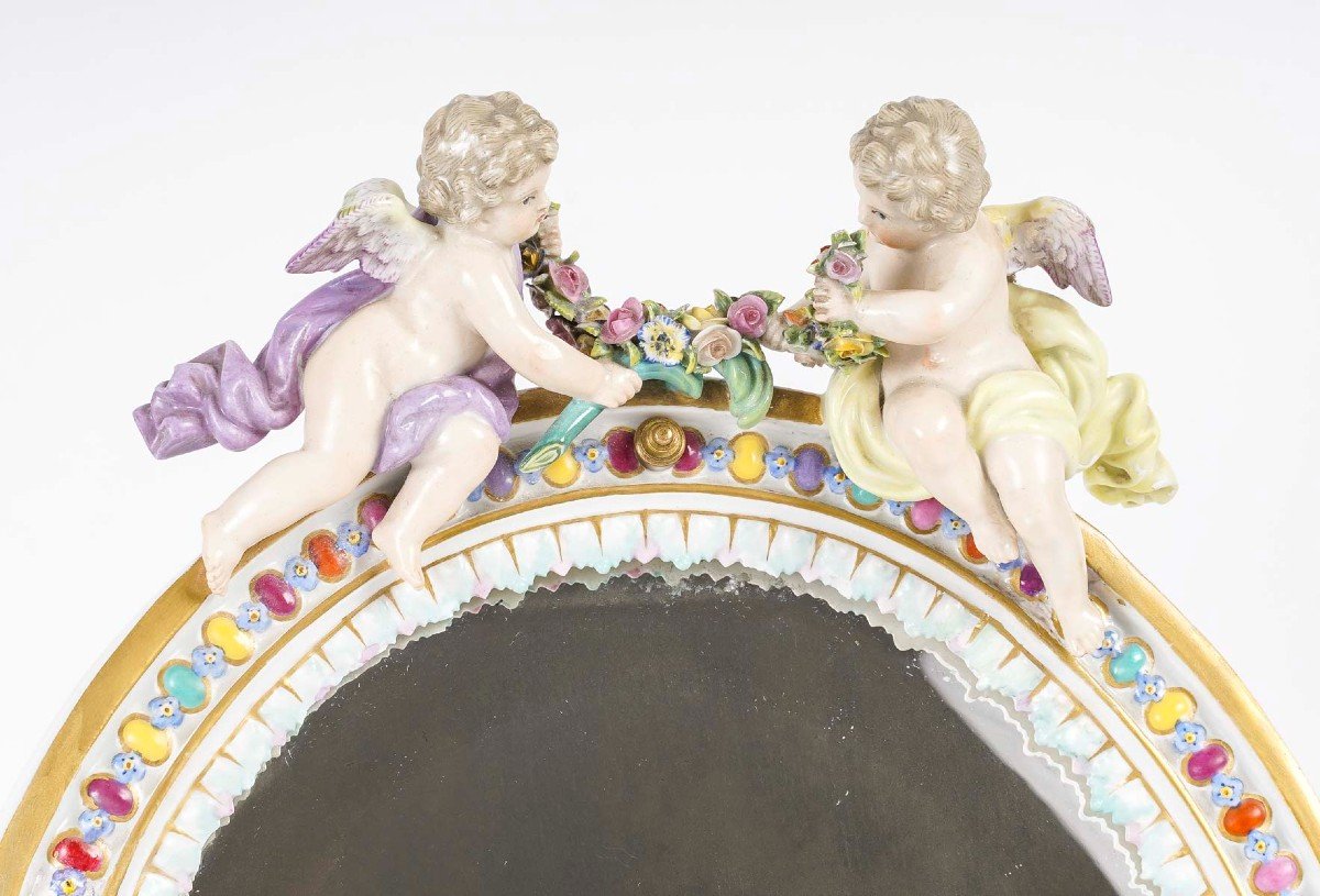 Miroir De Table En Porcelaine de Meissen  Et Bronze Fin XIXème Siècle-photo-4