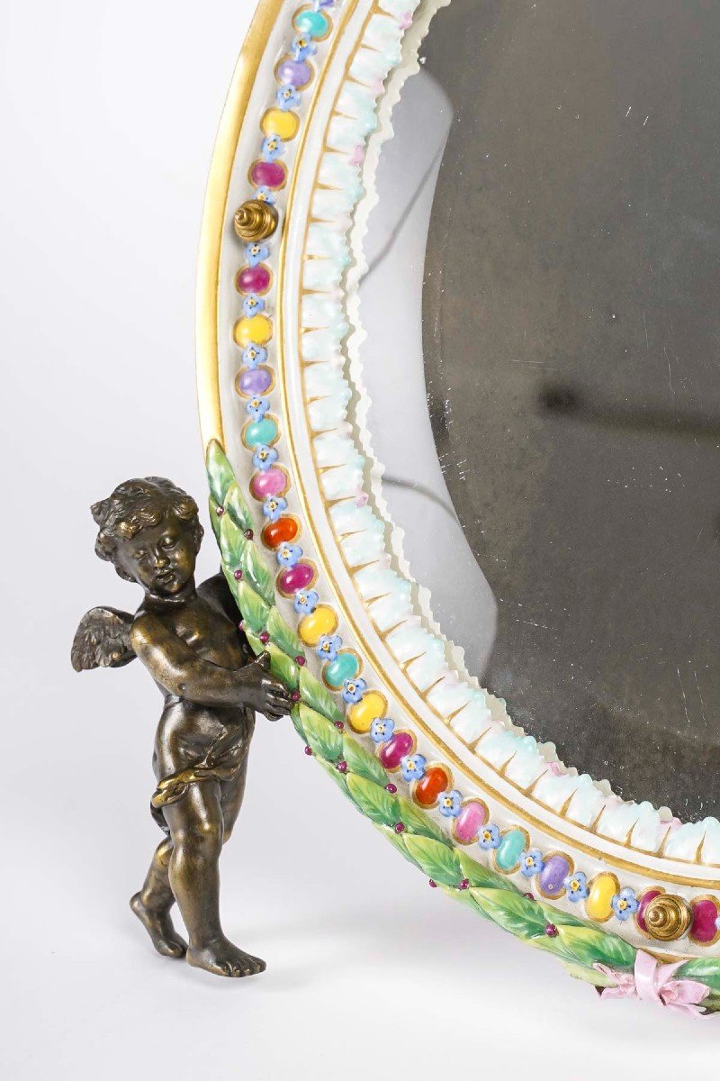 Miroir De Table En Porcelaine de Meissen  Et Bronze Fin XIXème Siècle-photo-4