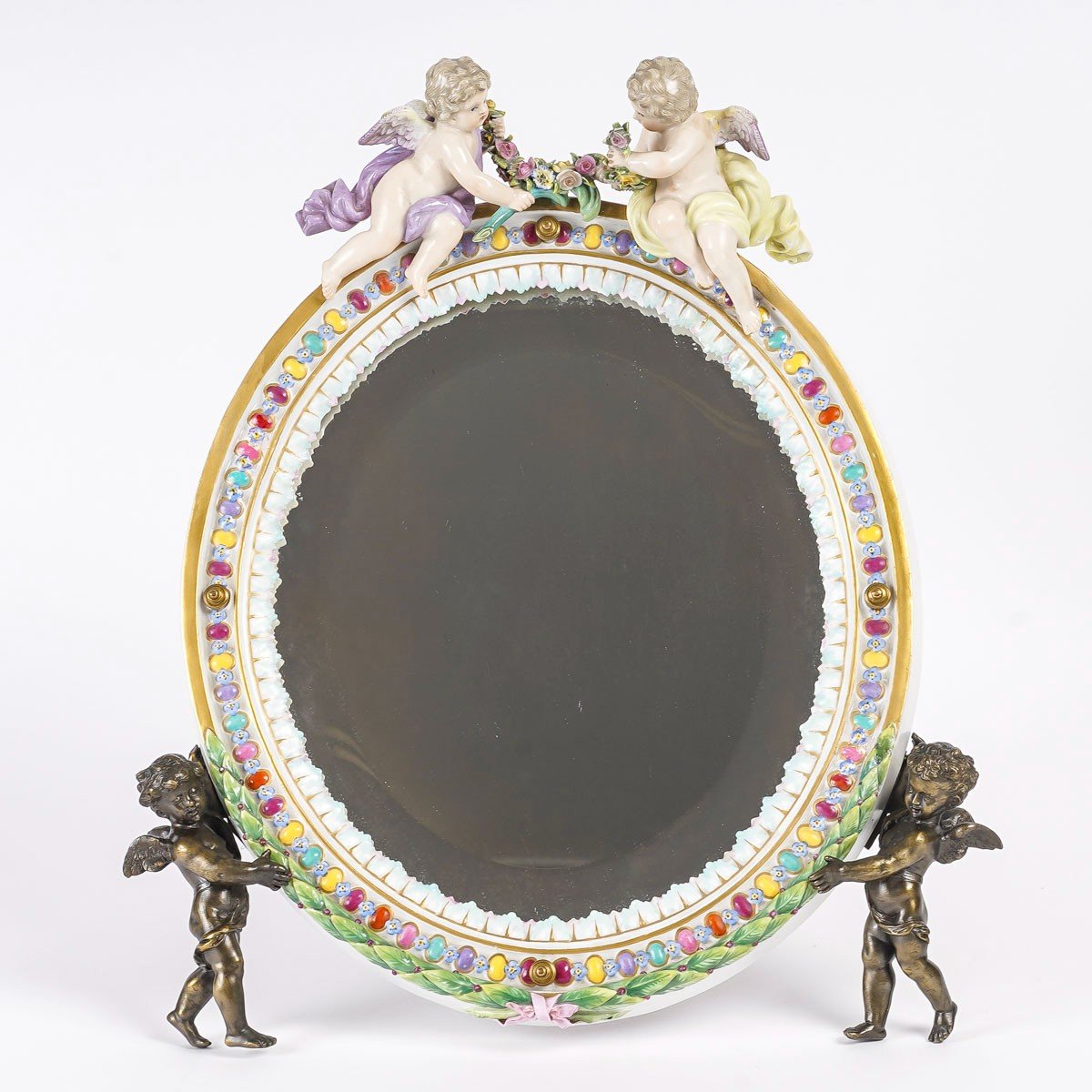 Miroir De Table En Porcelaine de Meissen  Et Bronze Fin XIXème Siècle-photo-8