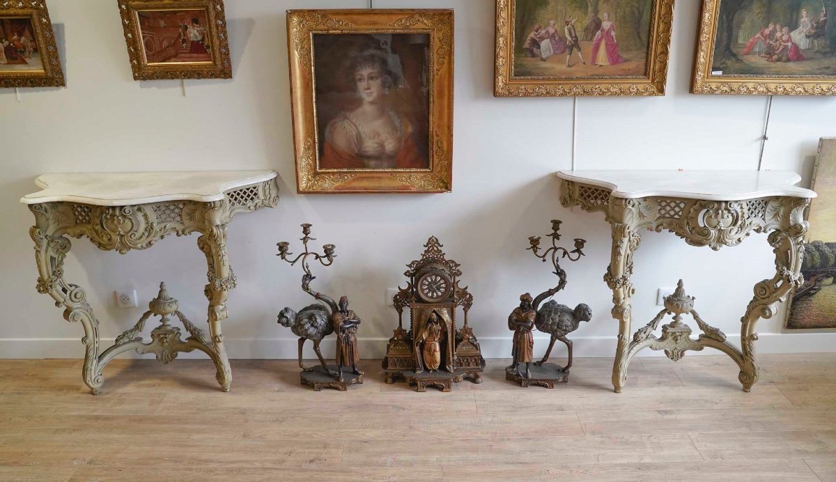 A Pair Of Louis XV Style Lacquered Wood Consoles Late 19th Century 