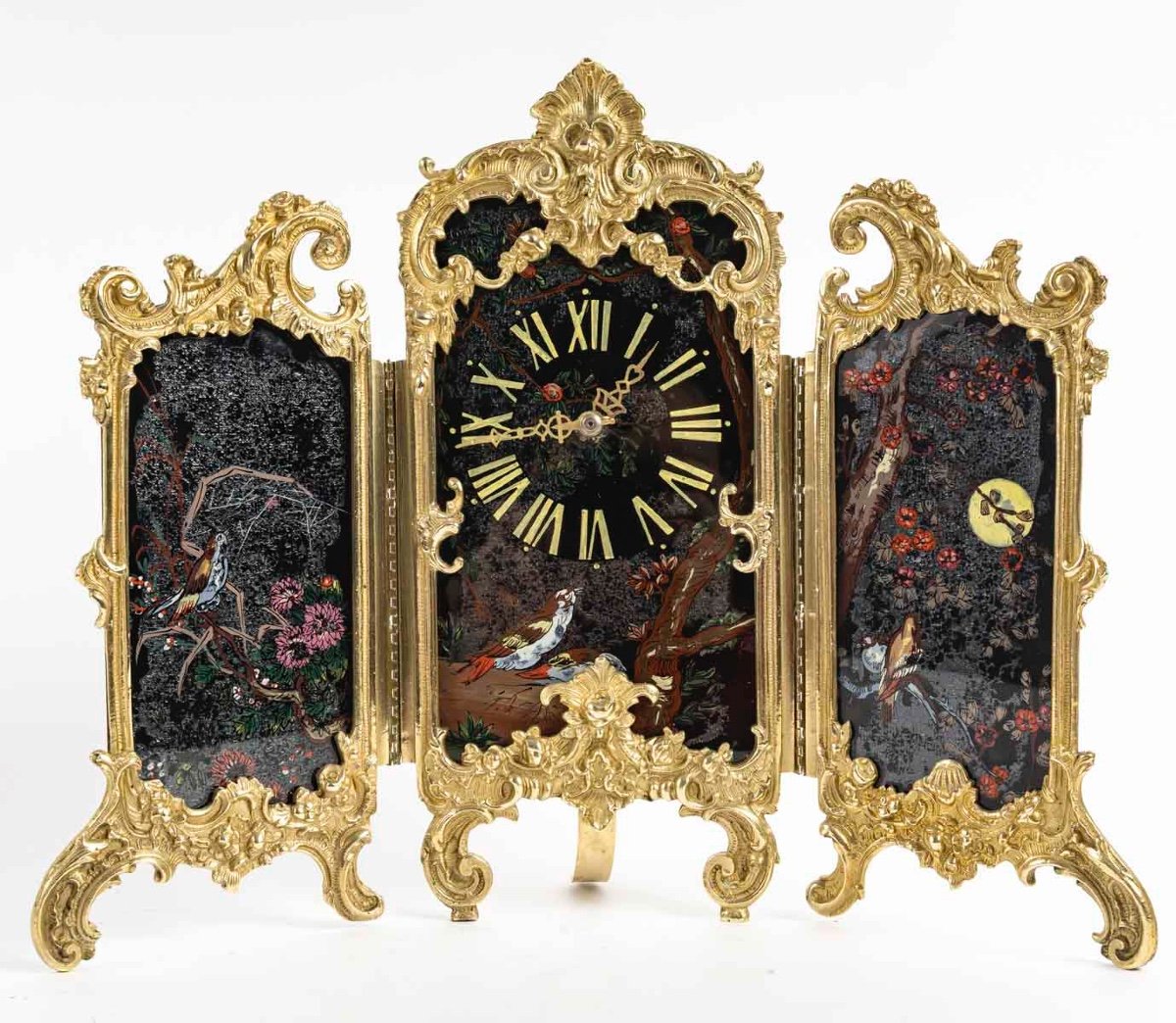 Une Pendule Paravent En Bronze Doré Et Verre Peint,  Art Nouveau 