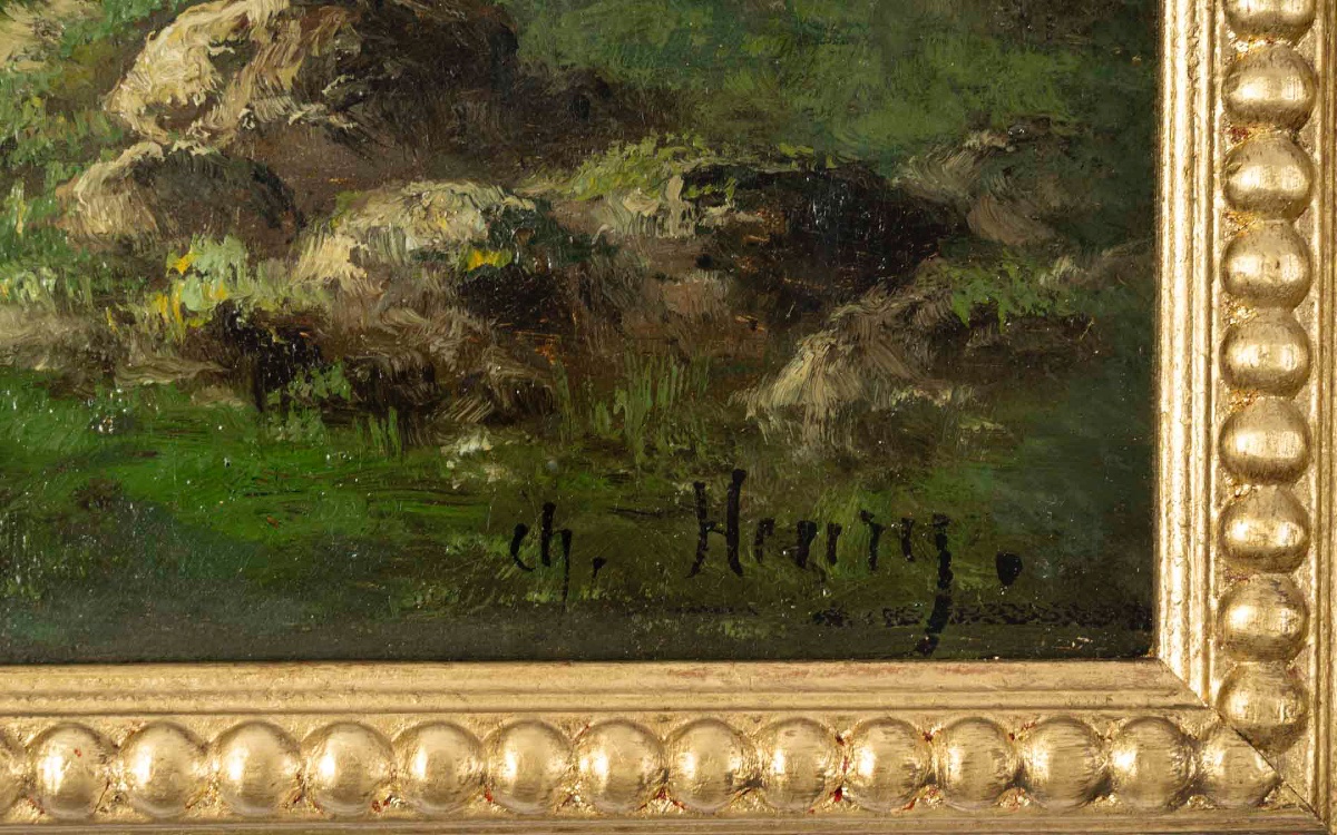 Paire de tableaux HENRY CH. paysages de rivière animé, fin XIXème siècle -photo-2