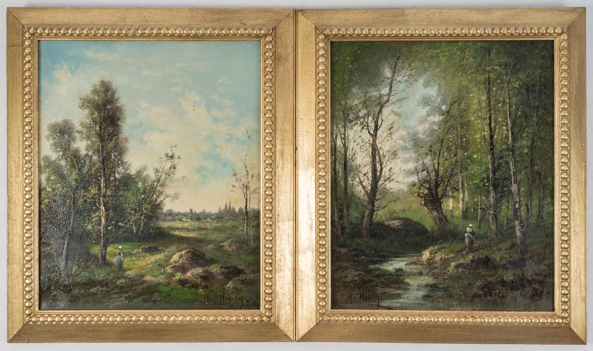 Paire de tableaux HENRY CH. paysages de rivière animé, fin XIXème siècle 