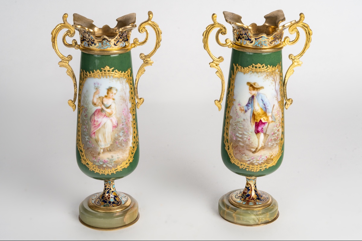 A Pair Of Porcelain And Cloisonné Bronze Vases, Late 19th Century 