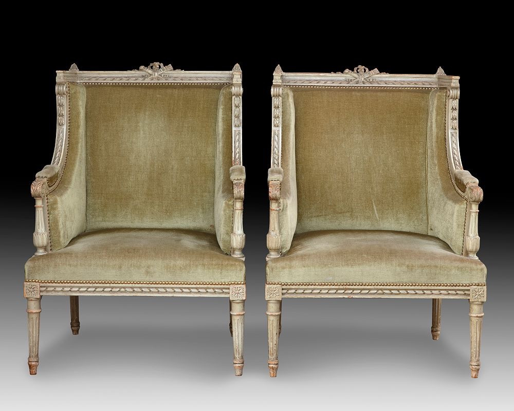 A Pair Of Large Louis XVI Style Bergere Chairs, Late 19th Century-photo-1