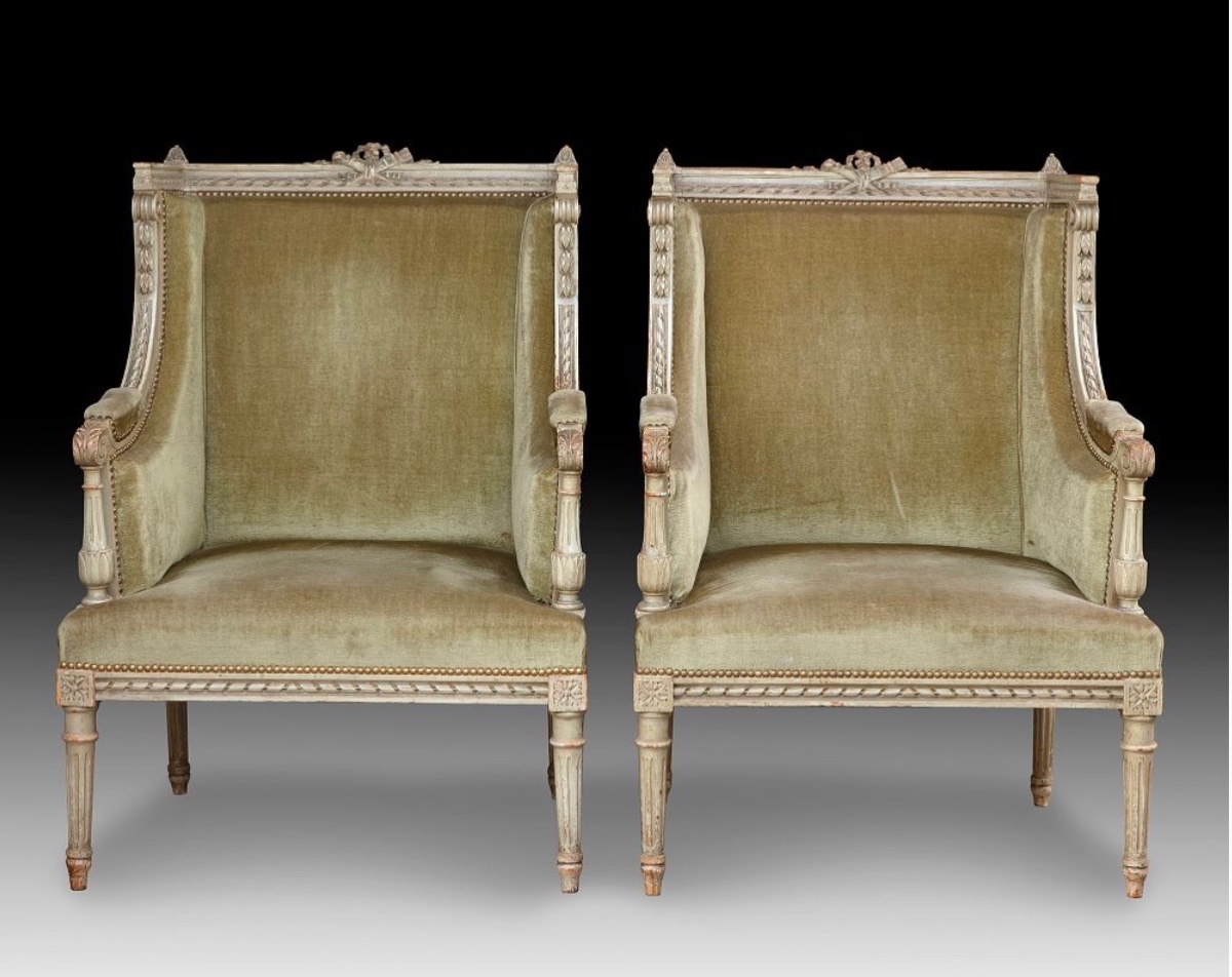 A Pair Of Large Louis XVI Style Bergere Chairs, Late 19th Century