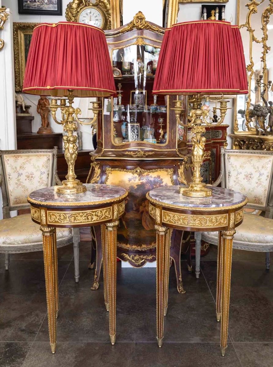 Une paire de guéridons en marqueterie et bronze doré, fin XIXème siècle -photo-2