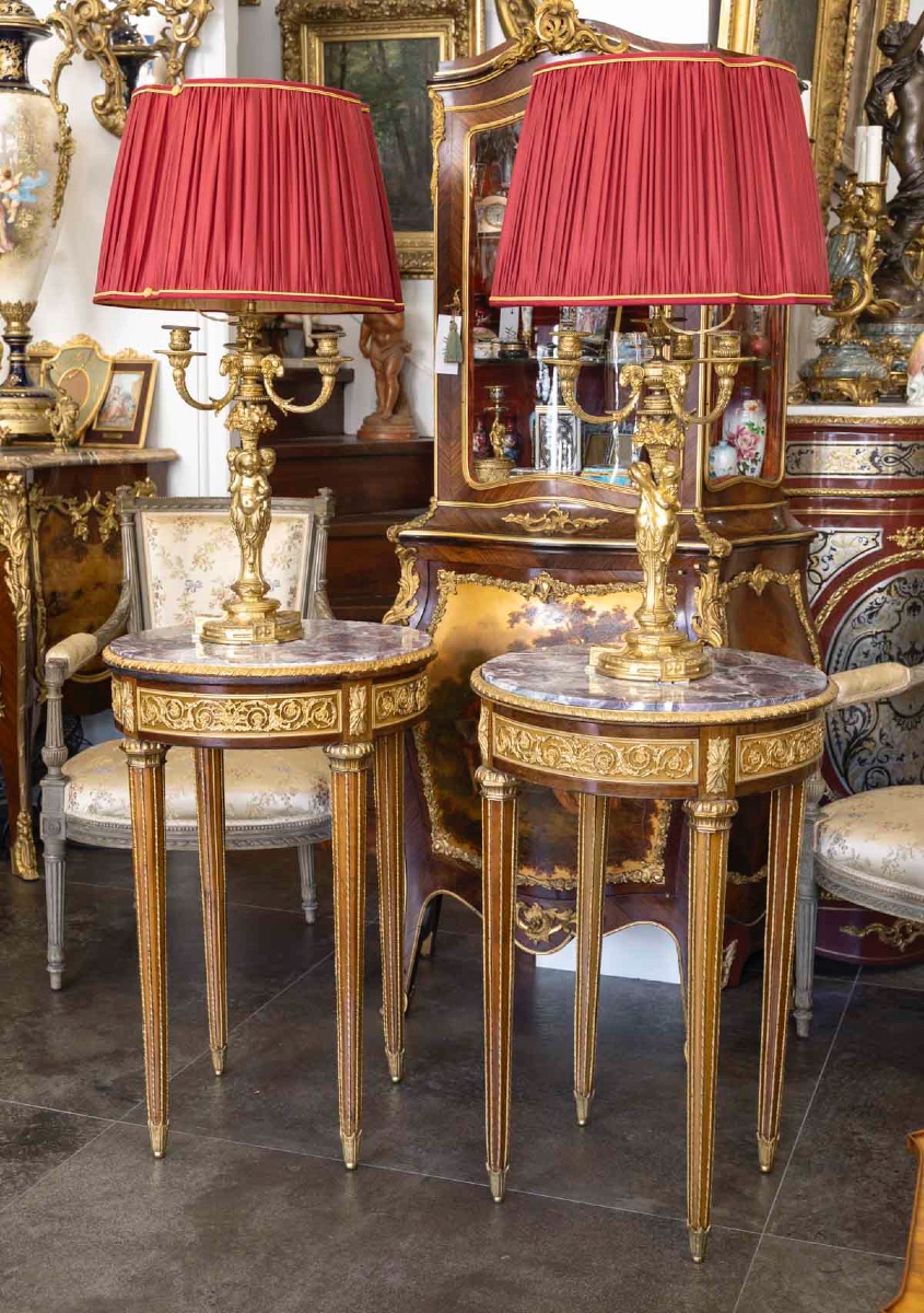 Une paire de guéridons en marqueterie et bronze doré, fin XIXème siècle -photo-3