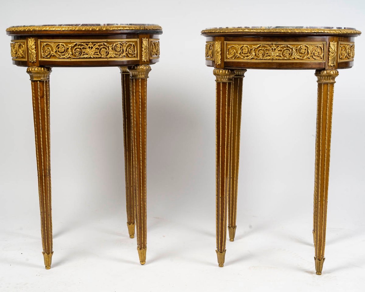 Une paire de guéridons en marqueterie et bronze doré, fin XIXème siècle -photo-7