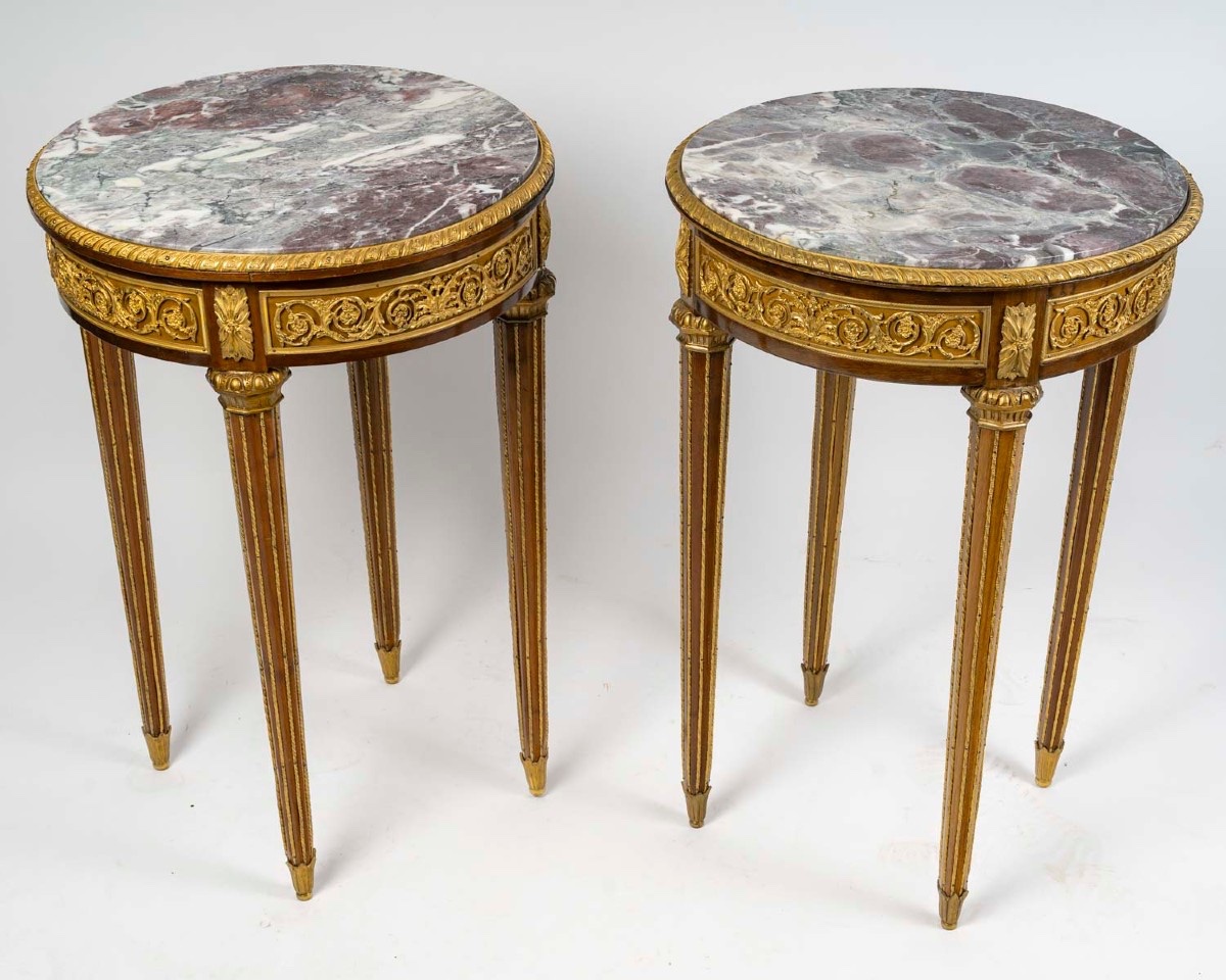 Une paire de guéridons en marqueterie et bronze doré, fin XIXème siècle -photo-8