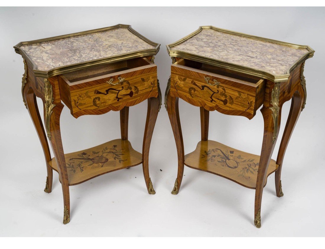 Louis XV Style Side Tables, Napoleon III Period, In Precious Wood Marquetry -photo-4