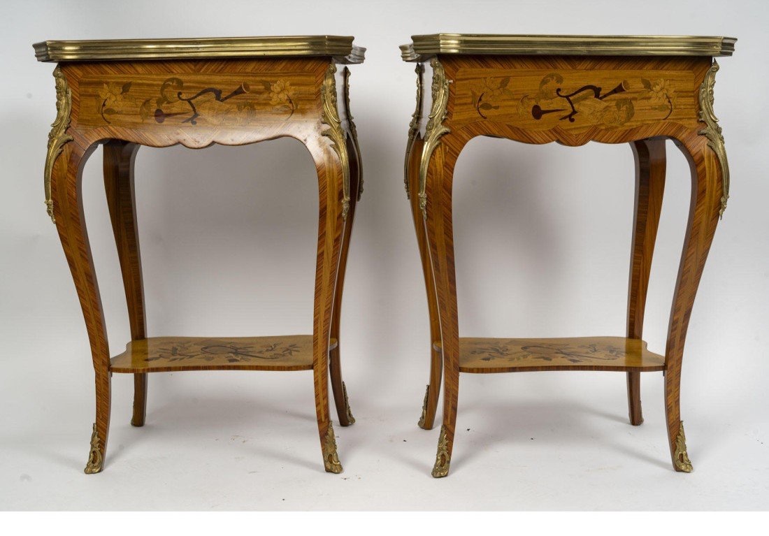 Louis XV Style Side Tables, Napoleon III Period, In Precious Wood Marquetry -photo-3